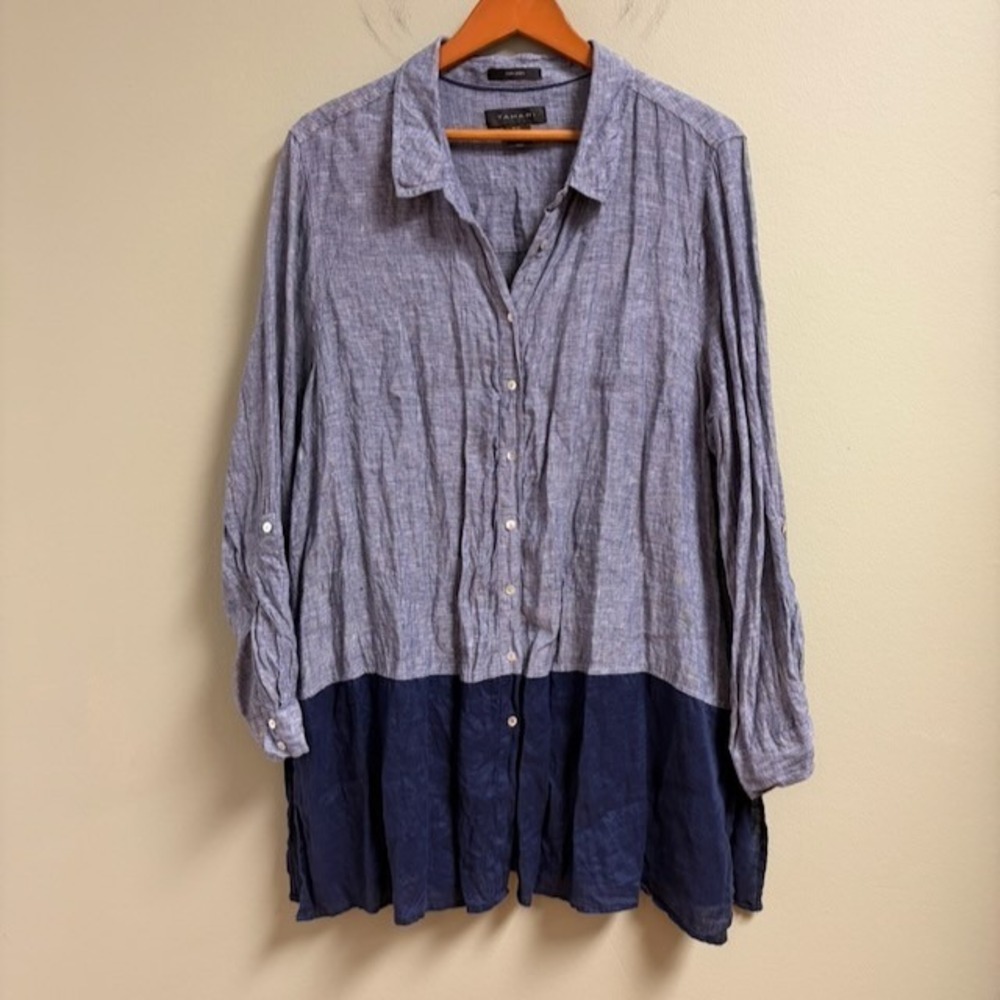 Tahari Long Linen Button Top Size‎ 2X Lagenlook Blue Colorblock Minimalist *flaw